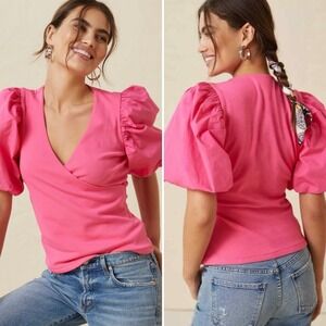 Maeve‎ by Anthropologie Puff-Sleeve Wrap Top Blouse Pink Size Medium